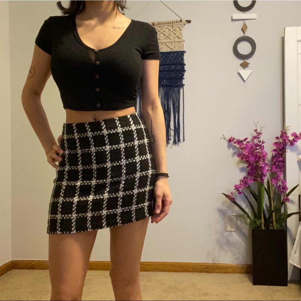 3 for $10! Black & White Plaid Tweed Skirt